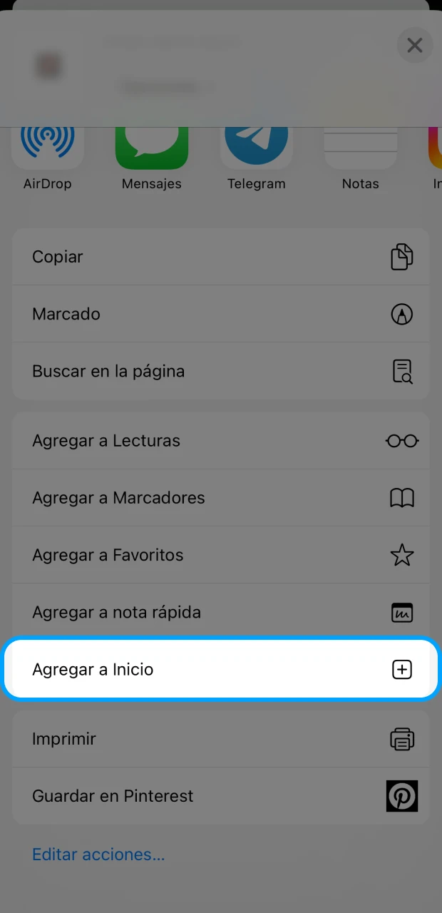 Haz clic en el icono de compartir para instalar la app de 1Win en iOS.