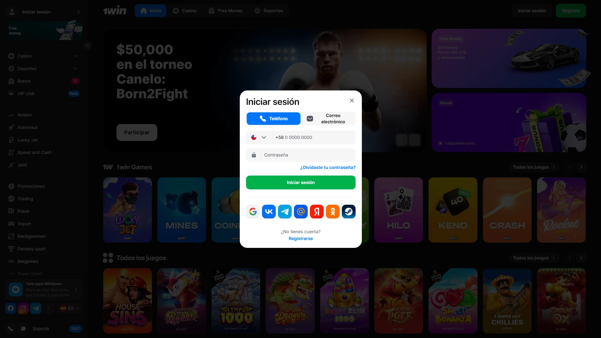 Antes de empezar a jugar, inicia sesión en tu cuenta de 1Win o regístrate.