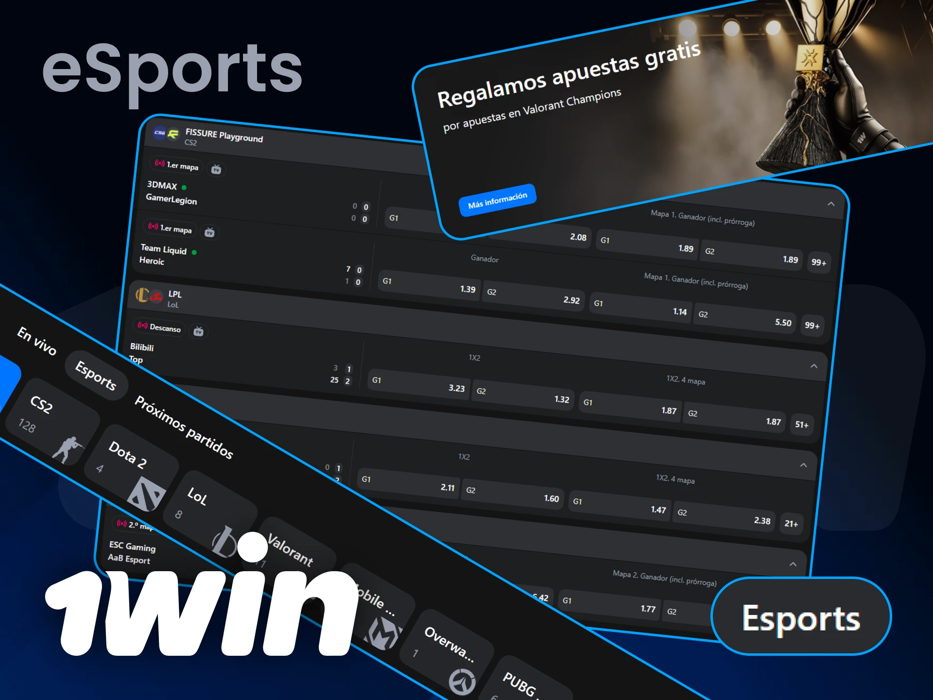 En la sección de eSports de 1Win, elige tu juego favorito y haz apuestas.