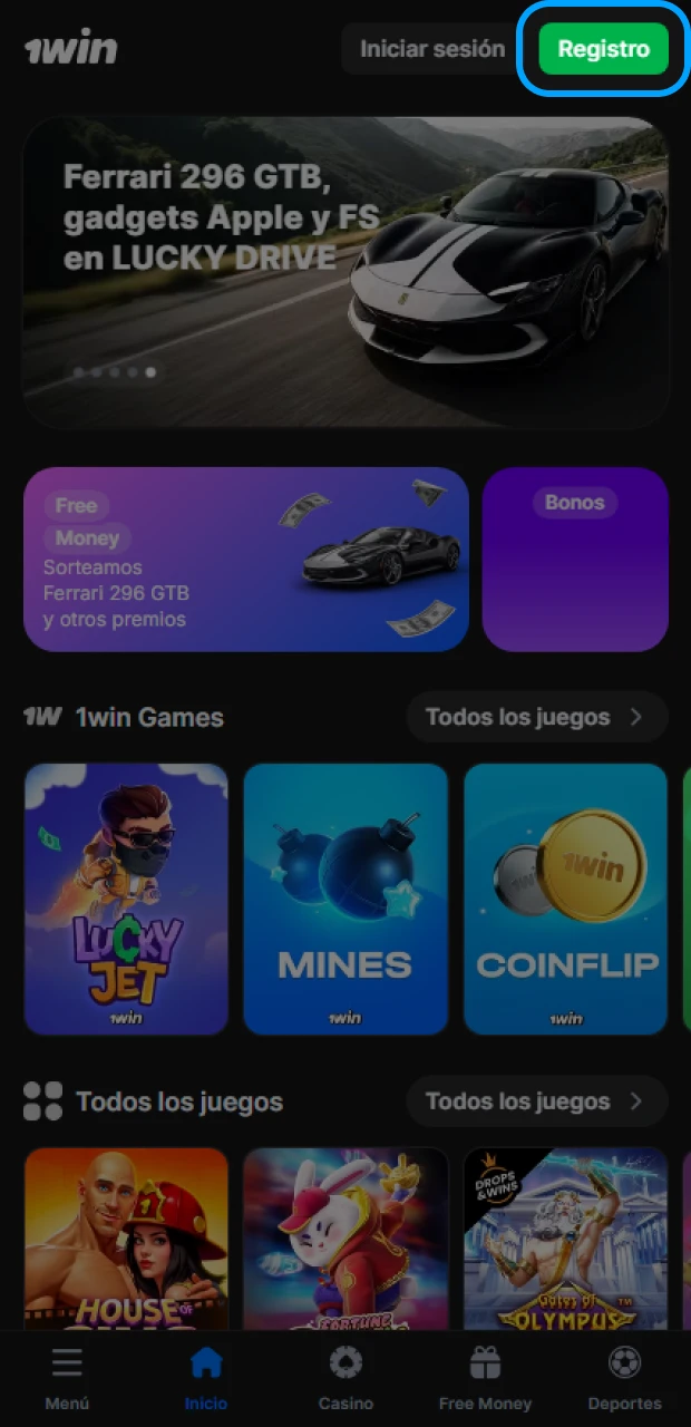 Haz clic en el botón de registro en la página web oficial de 1Win.