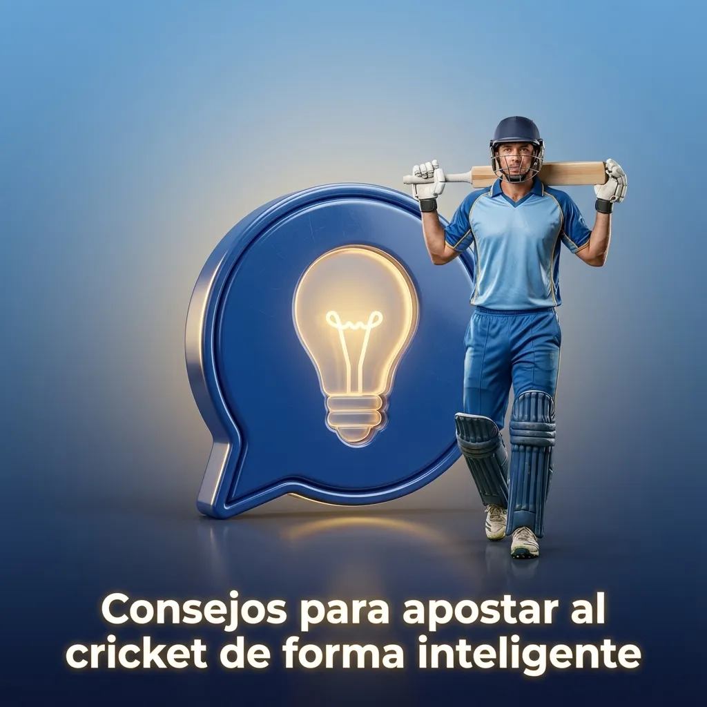Ilustración con campo de cricket, pelota, gráfico de estadísticas y consejos de apuestas inteligentes en español