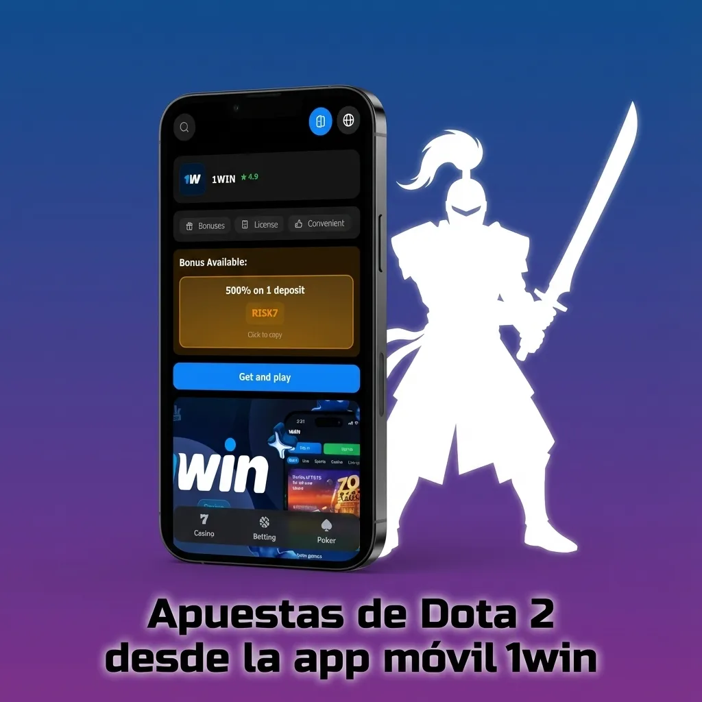 Mano sostiene smartphone con app 1win abierta mostrando apuestas en vivo de Dota 2 y cuotas en pantalla
