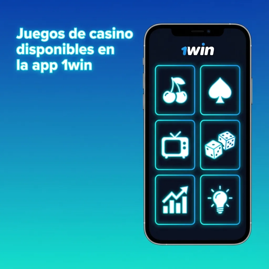 Pantalla de móvil con la app 1win mostrando lobby de casino: slots, ruleta, blackjack, baccarat y casino en vivo